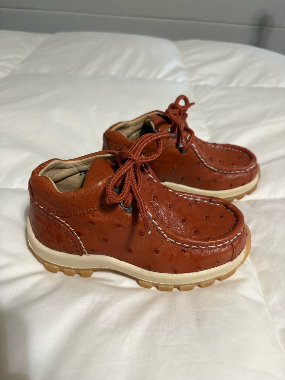 Kids 11.5 Wild West Ostrich Leather Lace-Up Driving Moc Tan/Orange